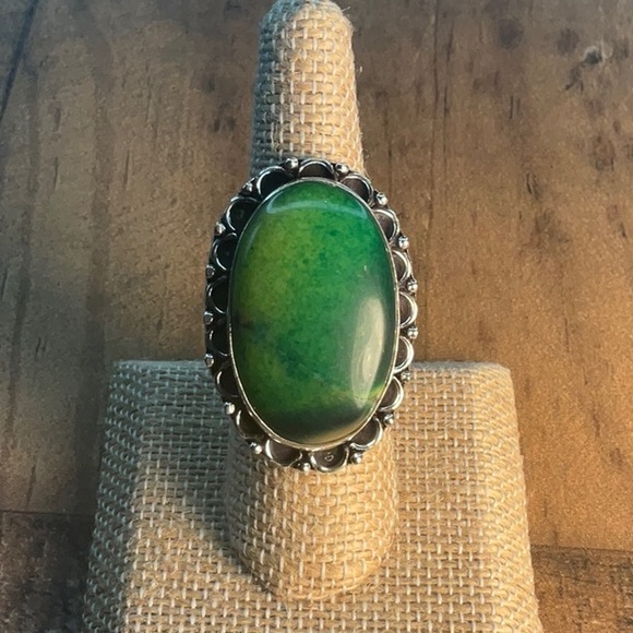 New Green Dendritic Opal Stone Silver Overlay Ring Size 6.75 - Picture 2 of 4